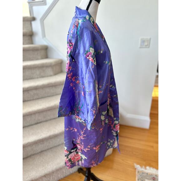 Vintage Purple Satin Peacock & Pink Lotus Open Kimono Robe - Picture 4 of 8
